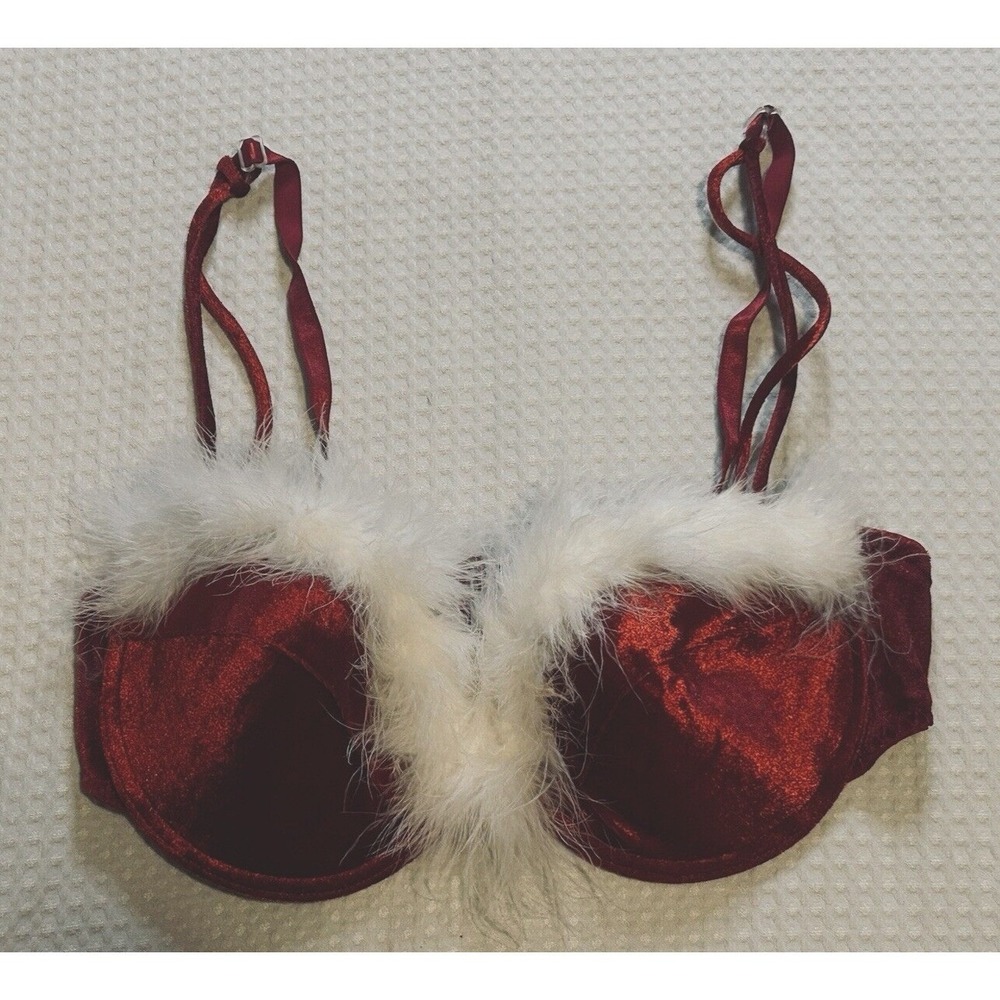 Red Velvet Faux Fur Trim Holiday Bra Size 36C Santa Baby Underwire Adjustable